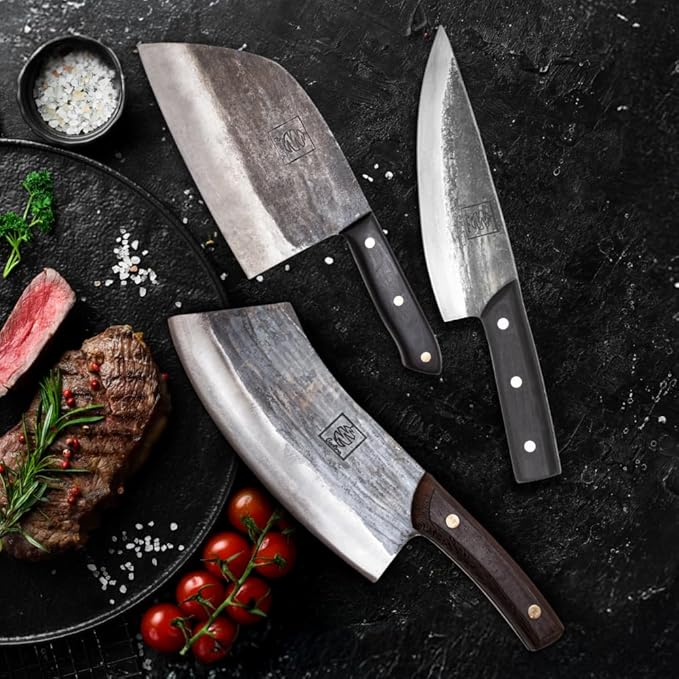 3-Piece Hand-Forged Carbon Steel Kitchen, BBQ Knives – Full Tang Cleaver, Butcher and Cooking Knives