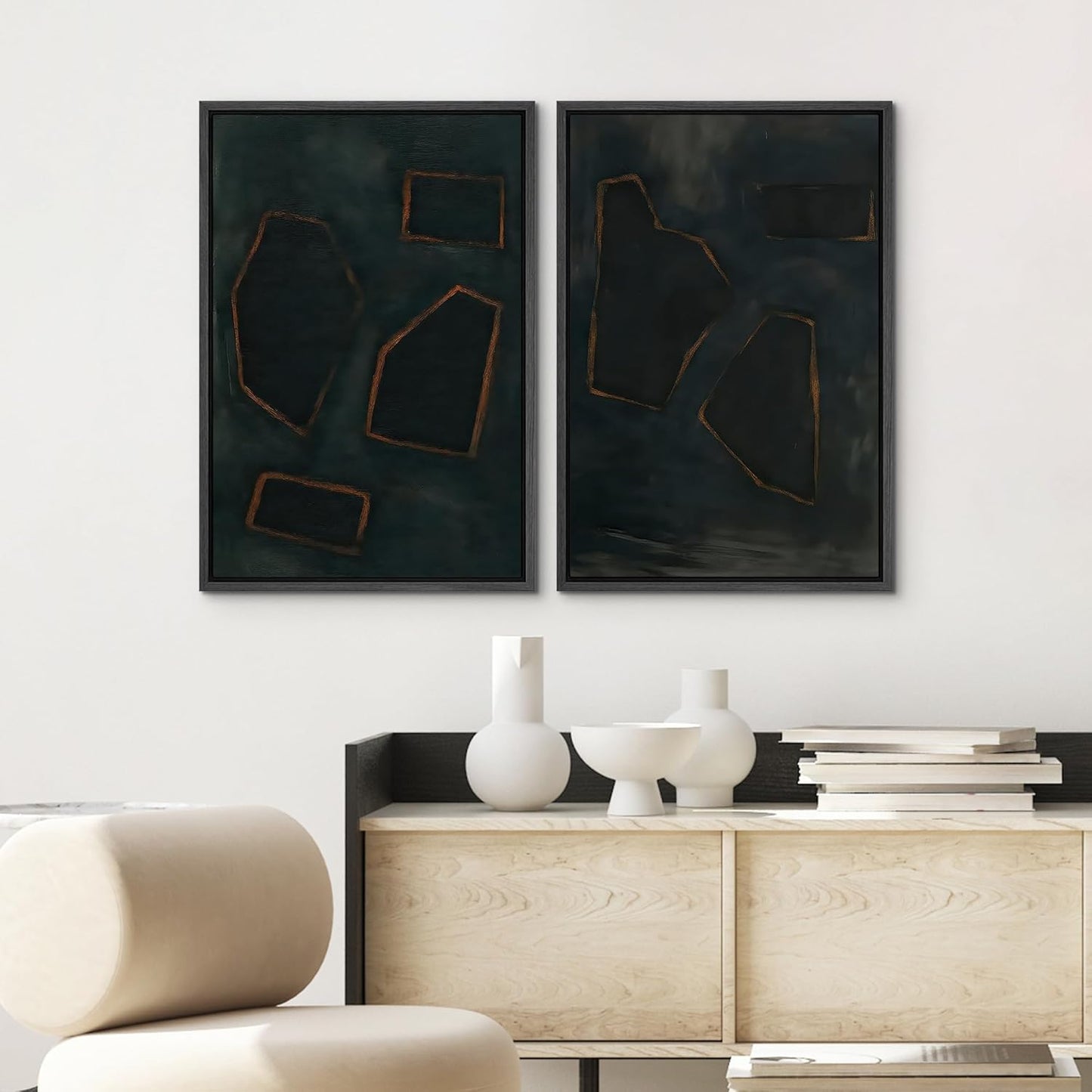 SIGNWIN Framed Wall Art Print Set Dark Geometric Abstract Modern Minimalist Shapes Illustrations Modern Art Rustic Relax/Calm Multicolor for Living Room, Bedroom, Office - 24"x36"x2 BLACK
