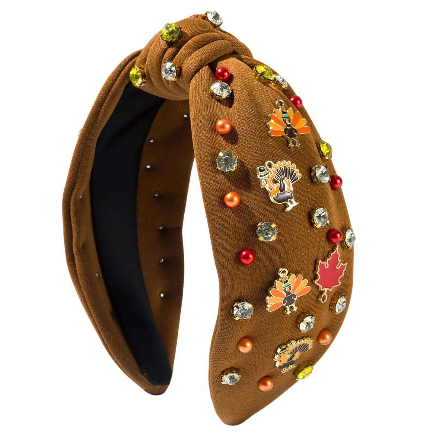 Fall Autumn Thanksgiving Maple Leaf Turkey Crystal Pearl Knotted Headband for Women Hair Accessories Outfits (Color D, Medium)