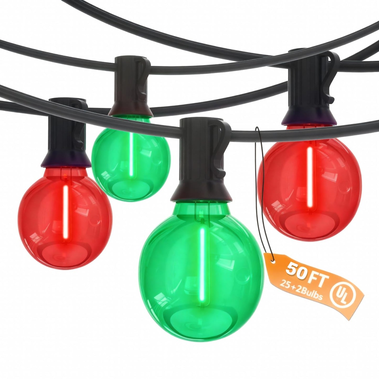 50Ft Clear Red And Green Outdoor Led Lights G40 Globe Patio Christmas String Lights With 25 Ceramic Colorful Bulbs(2 Spare) Outside Christmas Hanging Lights For Christmas Tree Roofline Holiday Party