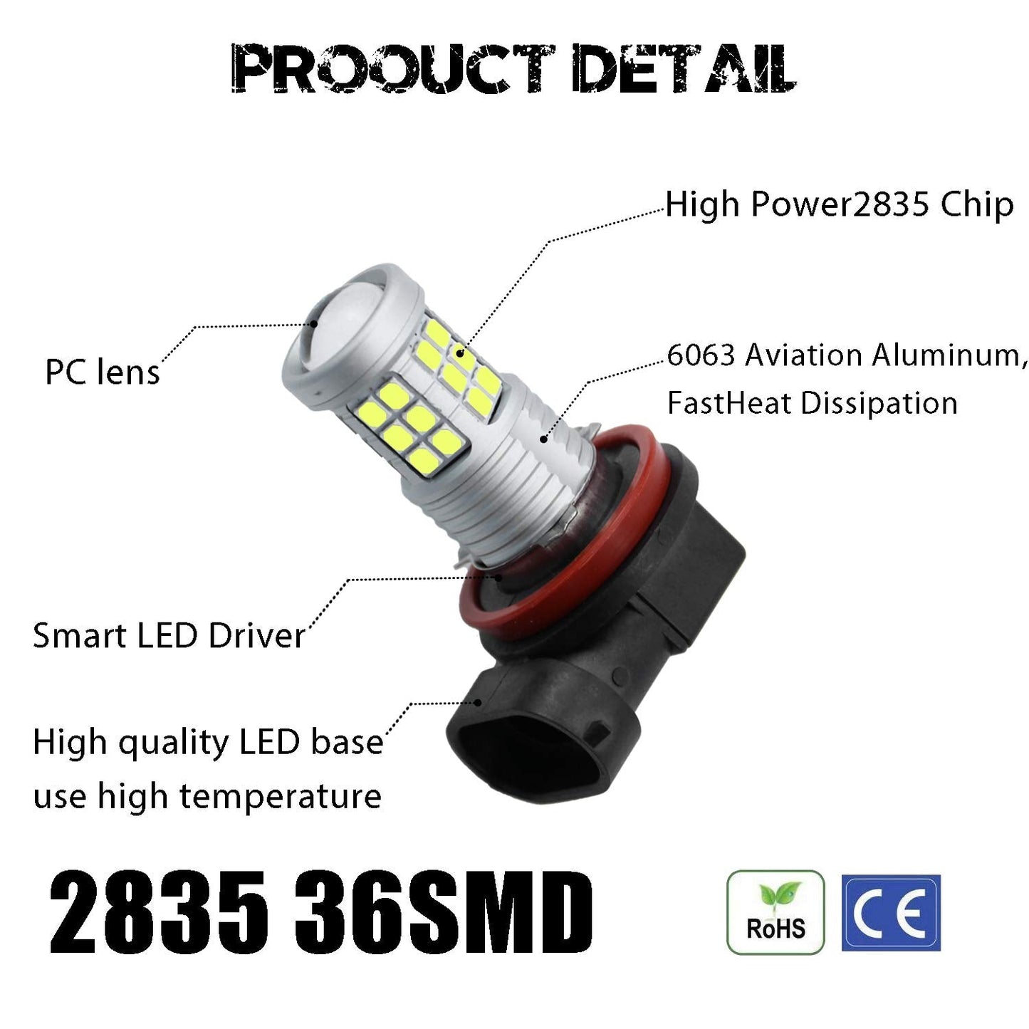 KISLED LED Fog Lights Bulbs, 3000lm, H8/H11, Aluminum, 6000K Xenon White, High Power 3030 Chips, Projector Lens