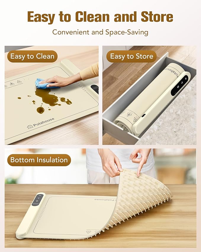 Potahouse® Warming Mat for Food, Graphene Full-Surface Fast Heating, Electric Warming Tray with 6 Temp & Timer Settings, Rollable & Portable Silicone Food Warmer for Parties, Home and Travel, Apricot