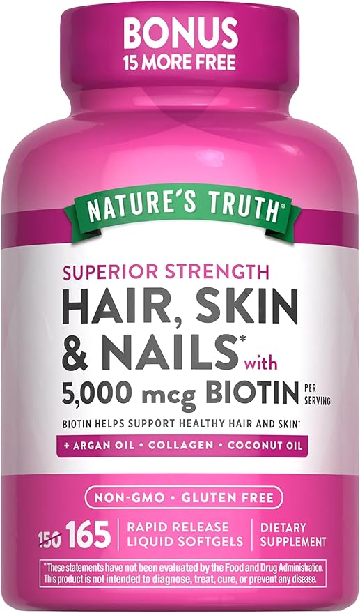 Nature's Truth Hair, Skin & Nails Vitamin | 5000 mcg Biotin | 165 Softgels | with Collagen | Non-GMO & Gluten Free Supplement