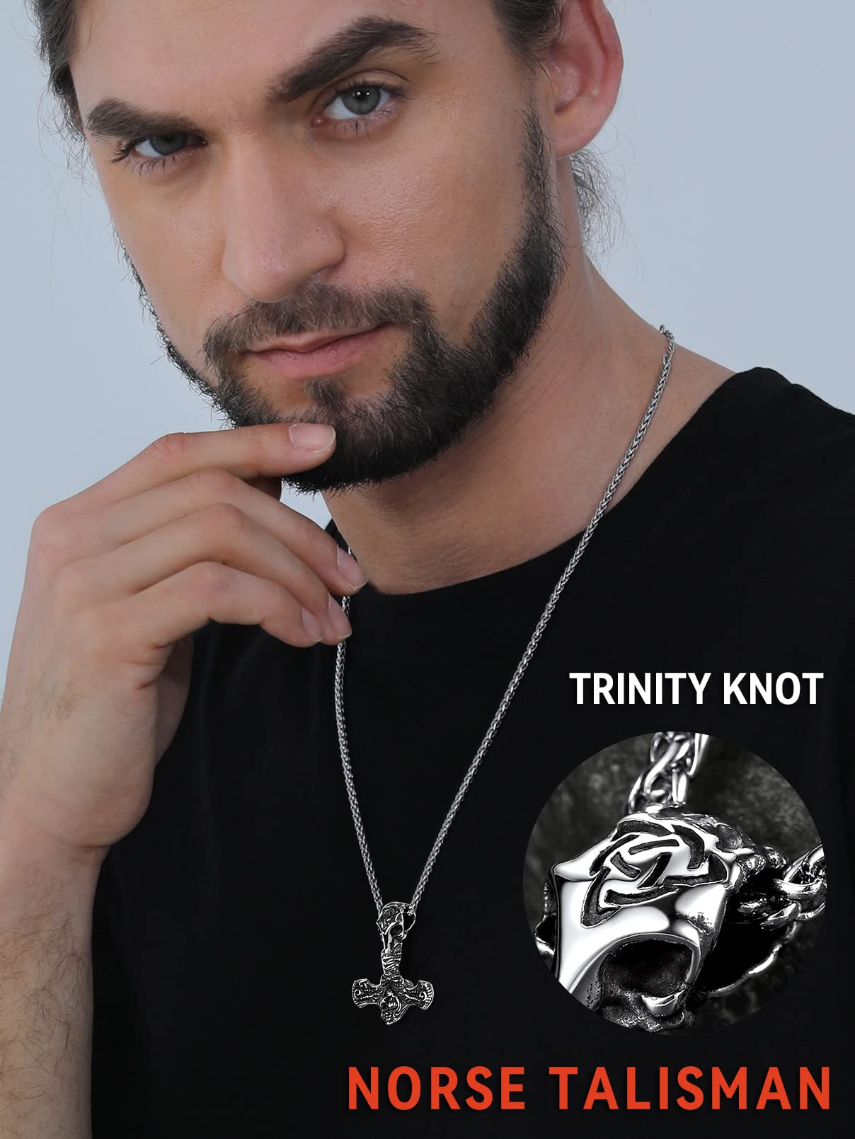 Viking Pendant Necklace, Thor's Hammer Necklaces for Men Stainless Steel Mjolnir Pendant Wheat Chain