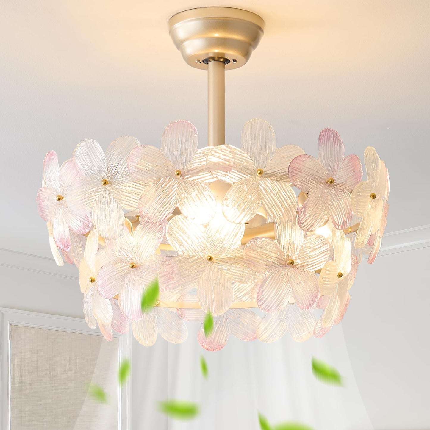 Ymkskj 20 Pink Crystal Fandelier Ceiling Fans With Lights, Pink Flower Chandelier Ceiling Fan With Light Remote Control, Morden