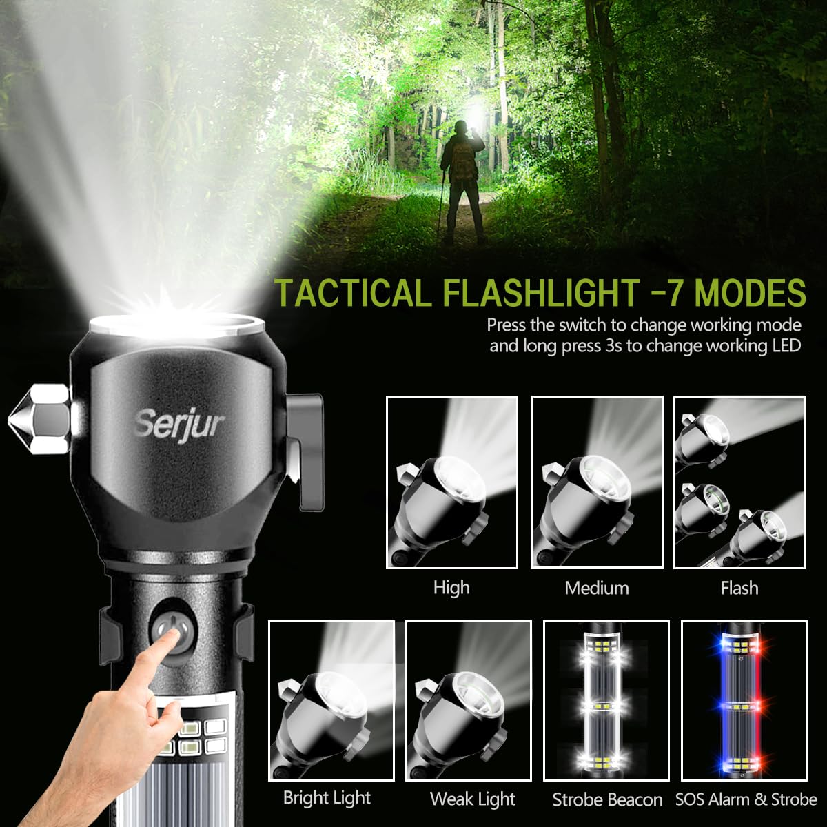 Serjur Rechargeable Solar Powered Flashlight, Multi-Function LED, Glass Breaker, Seatbelt Cutter, Black, 1 Pack, Model bfcz-01