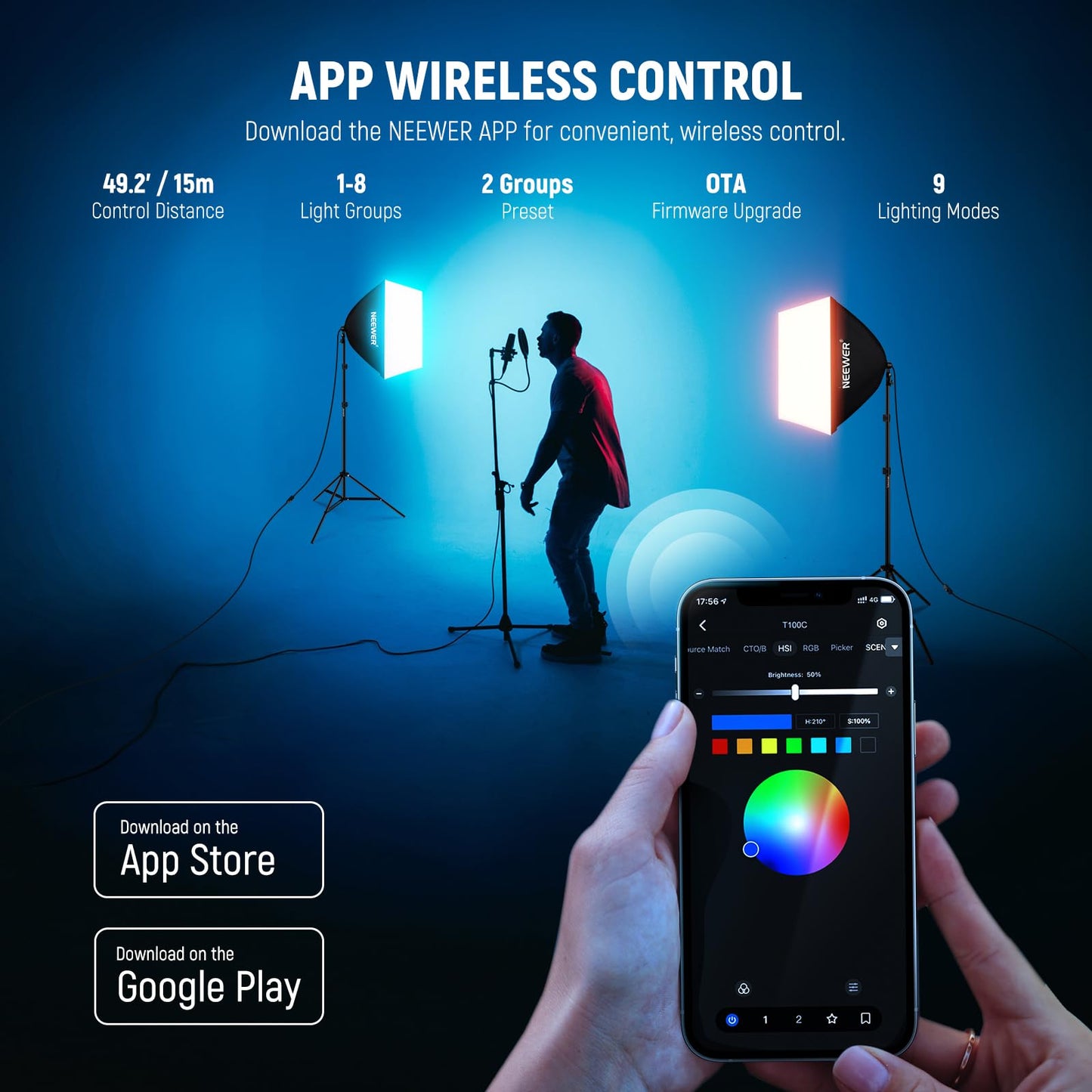 NEEWER RGB Softbox Lighting Kit with App Control & 9 Effect Modes, 2 Pack 26W FCC/IC/UL Certified LED Bulbs CRI93+ TLCI98+, E26 Porcelain Sockets, 24" Softboxes, for Studio Photography Lighting, NK800