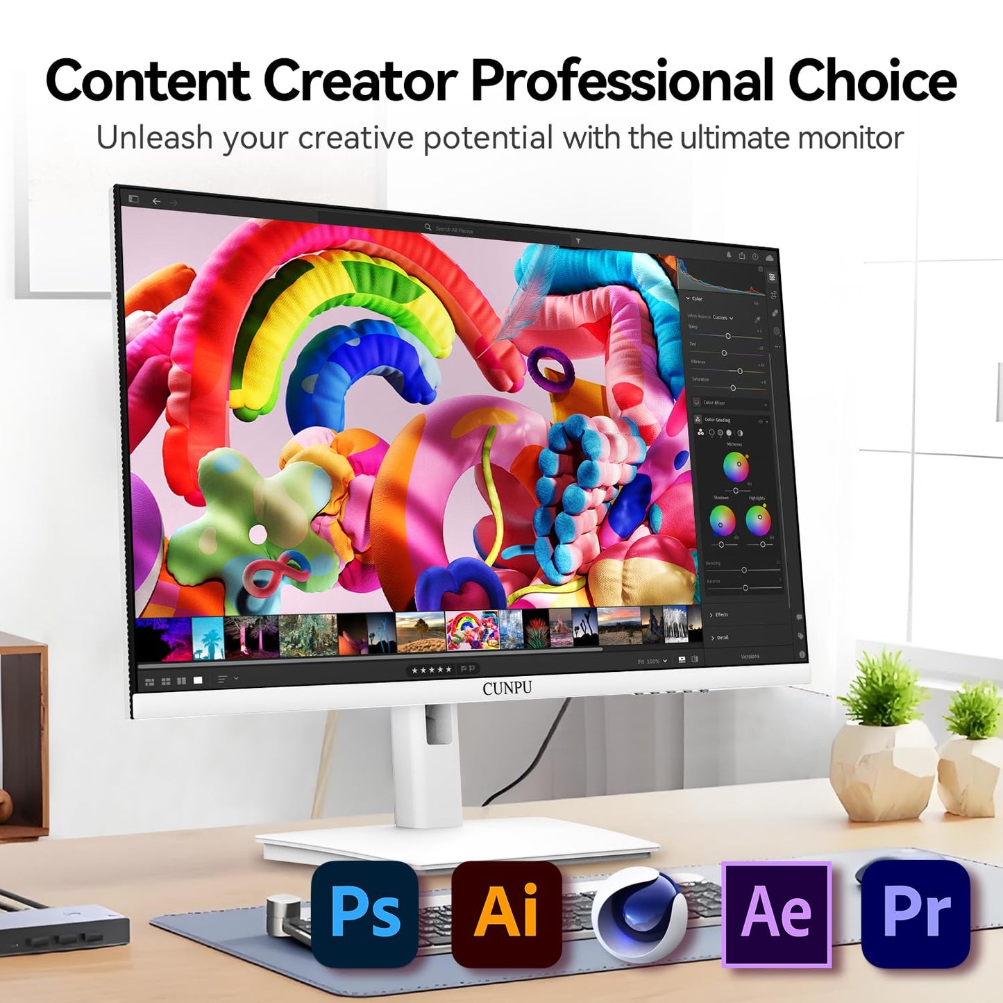 CUNPU 27 Inch 4K White Monitor, 73Hz Refresh Rate, UHD (3840 * 2160) IPS Ultra-Slim Bezel Monitor for Photo Video Editing, E-Book Mode, ΔE < 2, 100% DCI-P3, 1.07B+ Colors, DP/HDMI