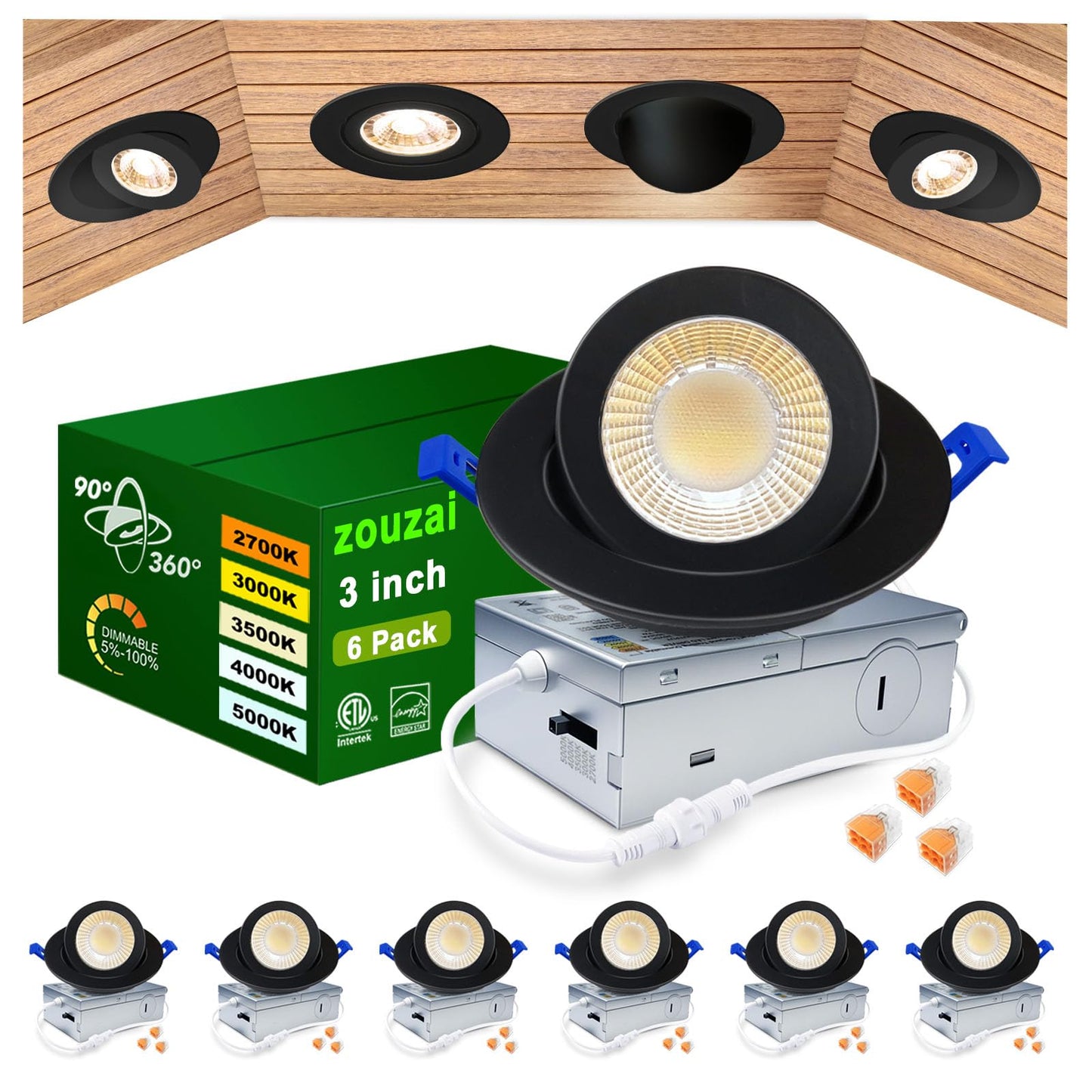 Zouzai 3 Inch 5Cct Gimbal Black Led Recessed Lighting With Junction Box  2700K/3000K/3500K/4000K/5000K  7W Eqv 80W  360+90 Adjustable Led Recessed Lights  798Lm Brightness - Etl (Black  6 Pack)