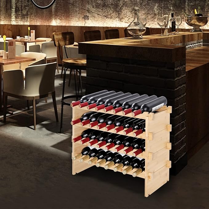 VEVOR 6-Tier 48 Bottles Stackable Modular Wine Rack, Freestanding Wines Holder Display Shelf, Solid Bamboo Wood Storage Racks, Wobble-Free Shelves for Kitchens, Dining Rooms, Cellars, Natural Color