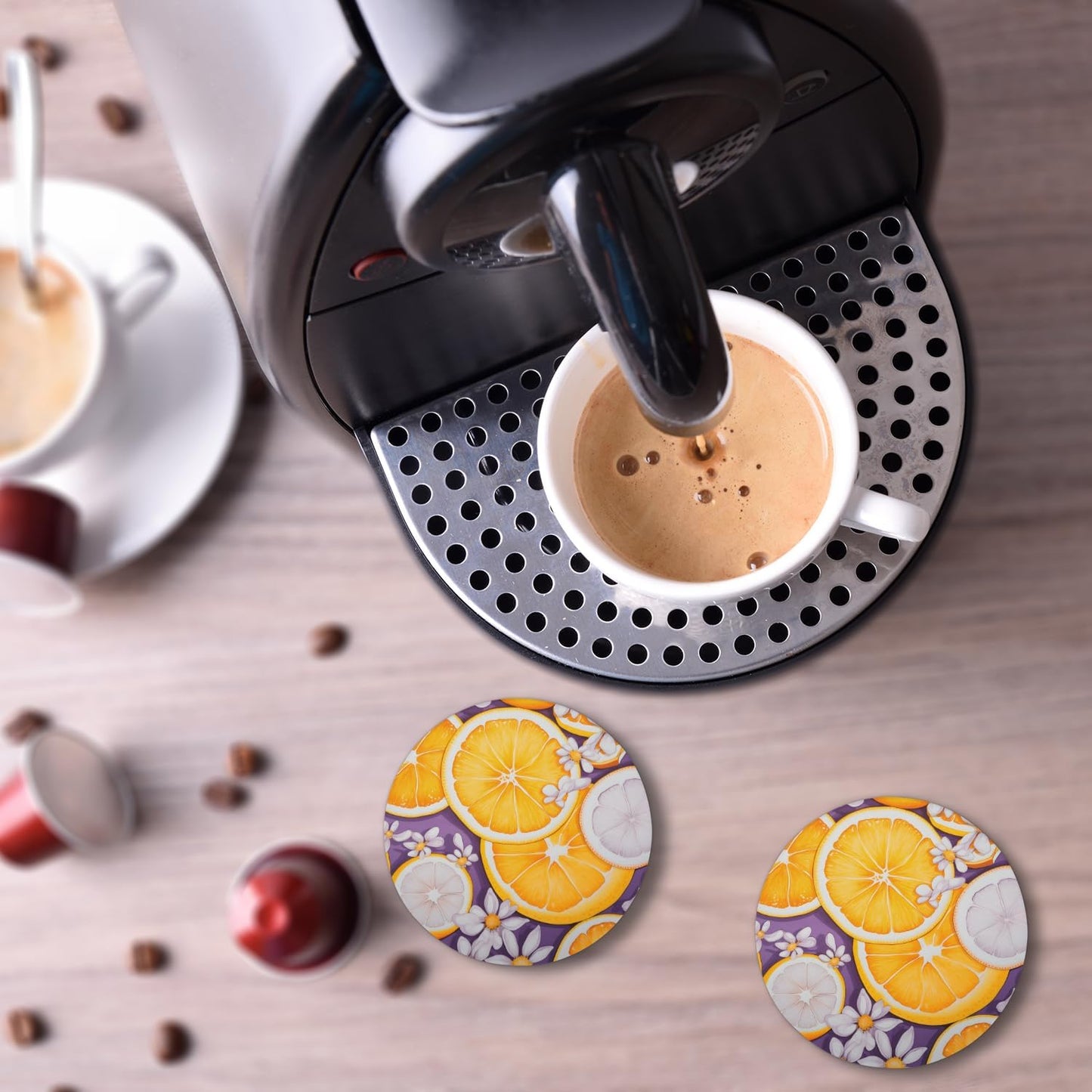 Ceramic Coasters for Drinks with Cork Back,Citrus Slice Daisy 4 Inch Absorbent Coaster Set 4 Pack, Quick Dry Non-Slip Coaster Mats for Home, Office, Bar