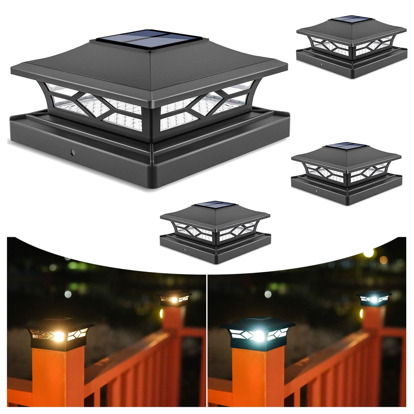 VOLISUN Solar Post Cap Lights 4-Pack, Black, Waterproof, Warm White, Fits 4x4/6x6 Posts, Model 21176ZM, Durable ABS Material