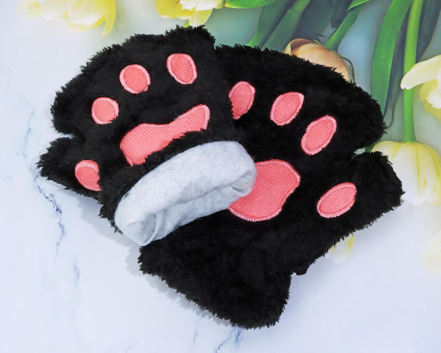 PENTA ANGEL Cat Paw Gloves Christmas Winter Plush Fingerless Gloves for Women Girls Adults Halloween Costume Accessories (Black)