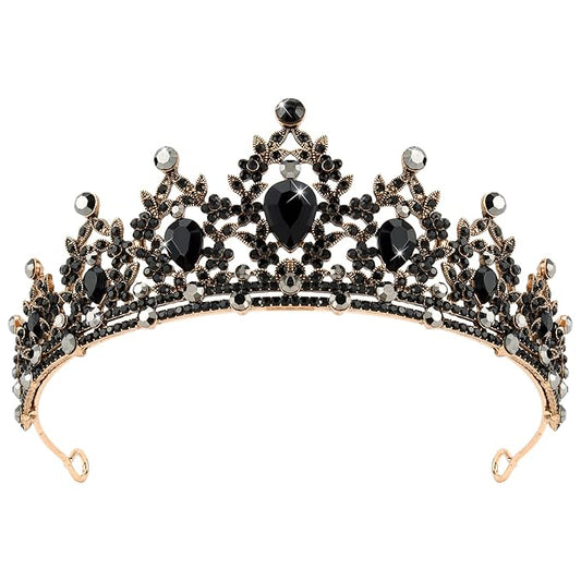 CAVETEE Gothic Crown Headpiece - Black Baroque Tiara with Vintage Rhinestones for Women & Girls - Halloween, Birthday, Wed...
