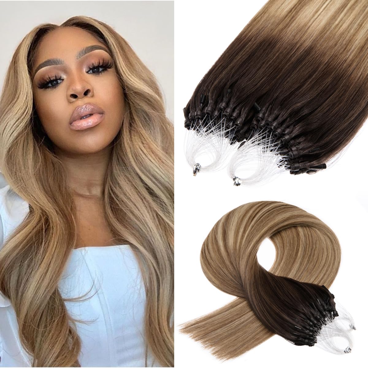 Kpvxxve Hair Extensions Real Human Hair Micro Link Extensions Brown to Blonde Micro Ring Human Hair Extensions 18 Inch #3/8/22 O