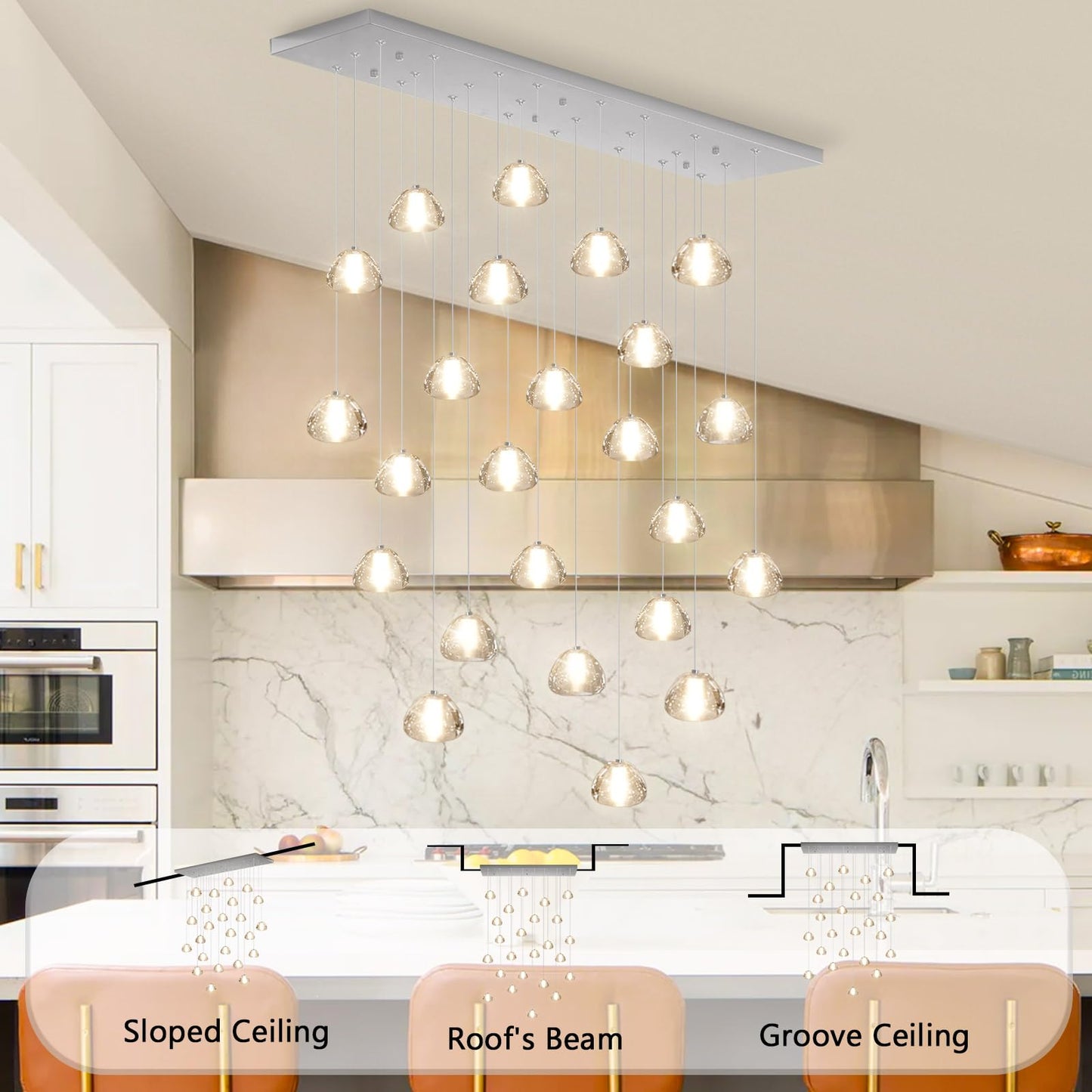 Dolria 24-Lights Modern Rectangular Crystal Chandelier Led Raindrop Ceiling Pendant Light Crystal Lighting Fixture For Living Room Hotel Staircase Hallway Foyer Entryway Bedroom Silver