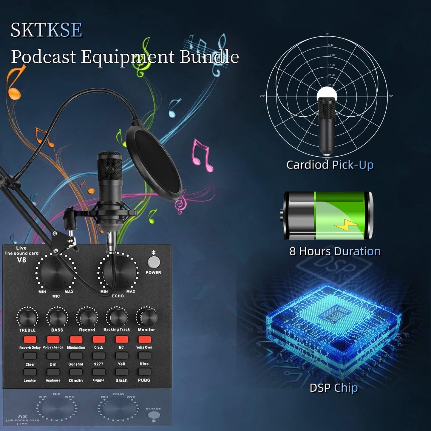 Skteet Podcast Equipment Bundle, With Bm800 Podcast Microphone And V8 Sound Card, Voice Changer - Audio Interface -Perfect For R