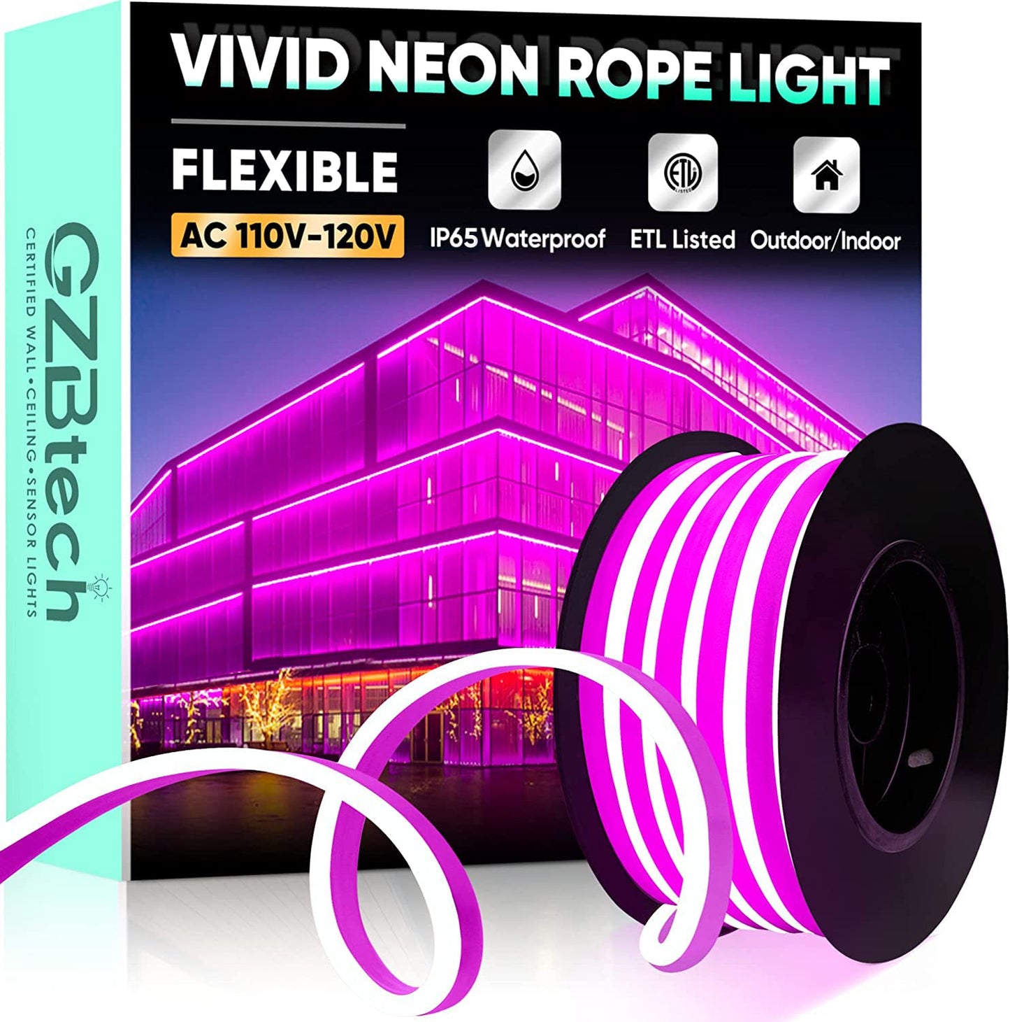 Gzbtech Flexible Led Neon Rope Lights 16.4Ft Ac 110-120V Waterproof Strip Light  120Leds/M Cuttable Connectable Neon Lighting For Indoor Outdoor Home Decor/Commercial Building Use-Pink 5M