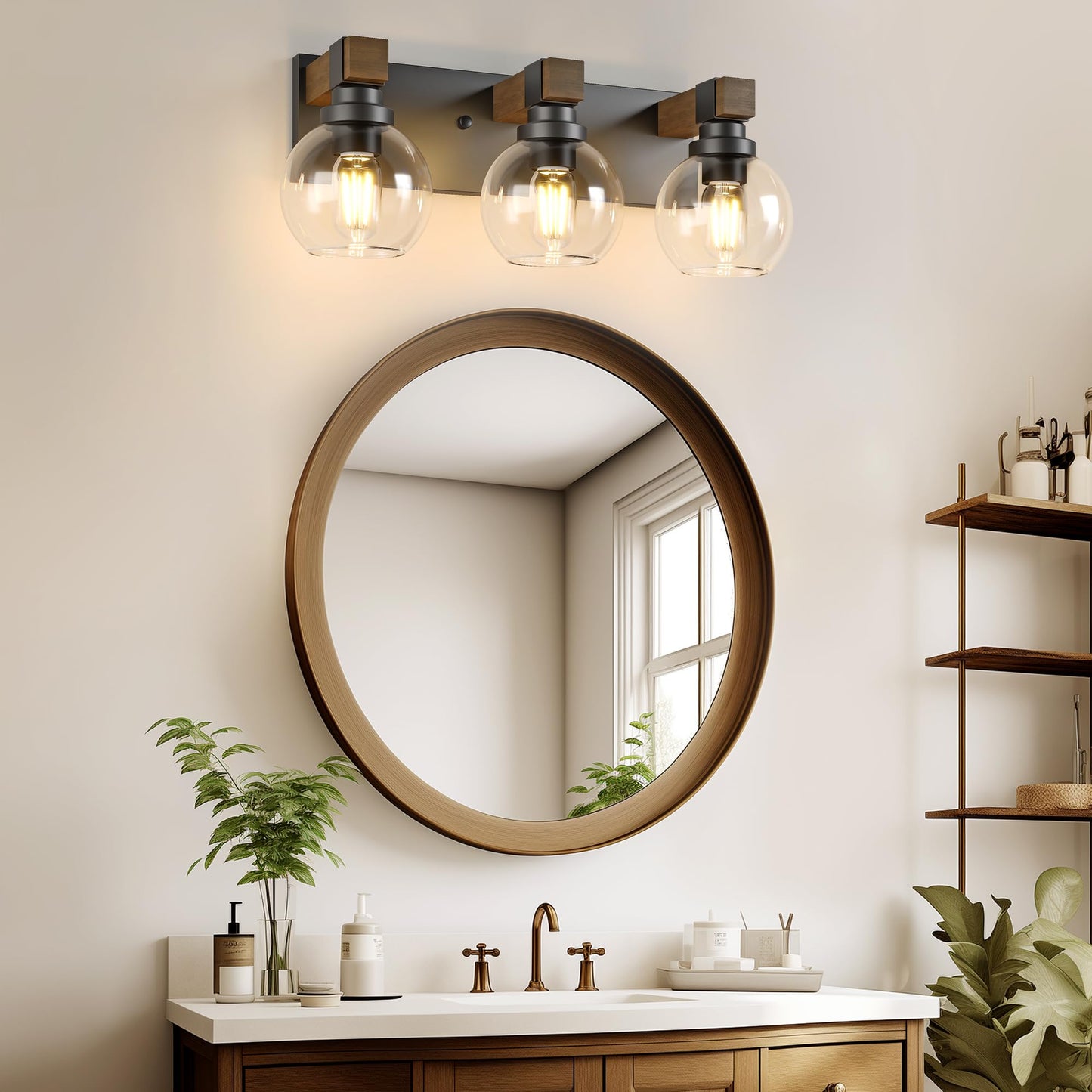 Farmhouse Bathroom Vanity Light Fixtures  3-Light Wood Bathroom Light Fixtures Over Mirror  Rustic Sconces Wall Lighting With Glass Shade For Living Room  Bedroom  Hallway