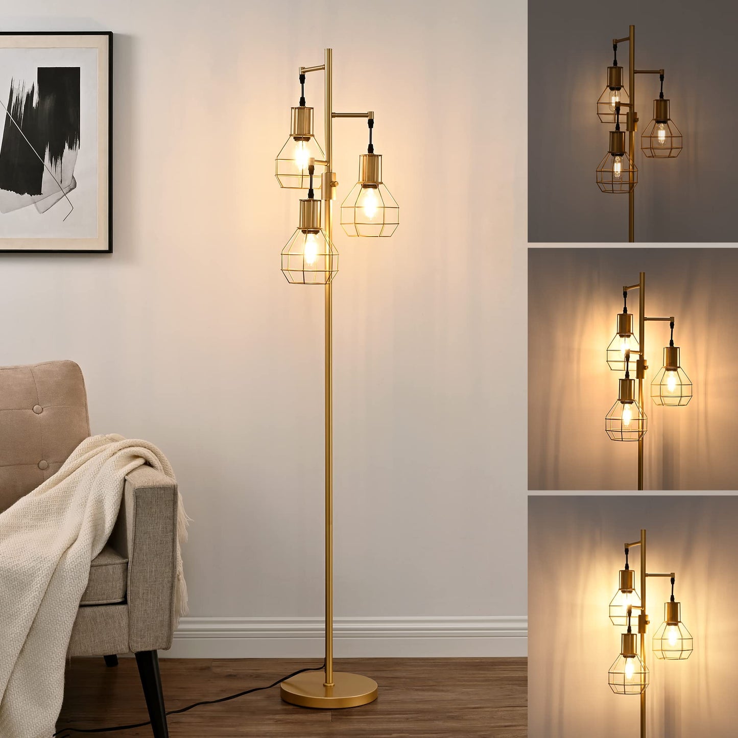 Edishine Industrial Dimmable Floor Lamp, Gold Metal Design With 3 Led Edison Bulbs, Modern Tall Corner Lamp For Living Room, Model Hflg03G