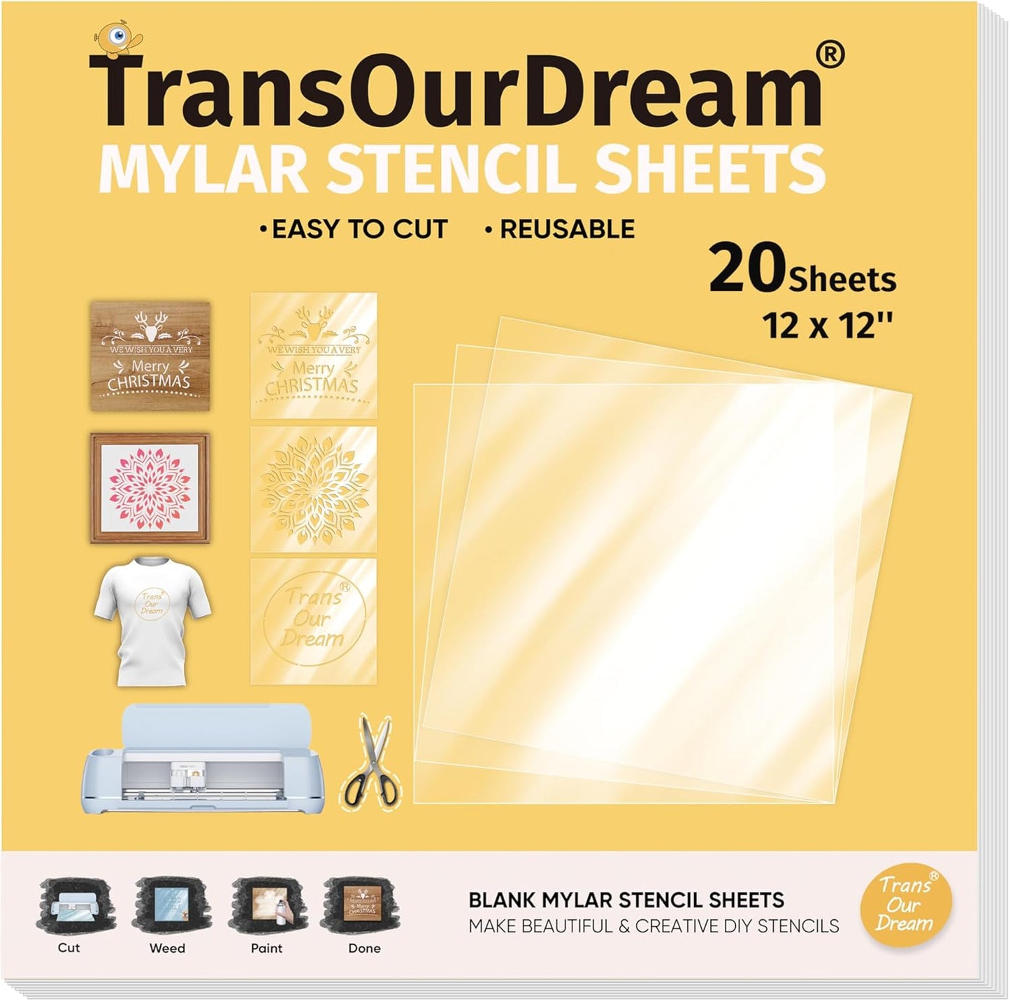TransOurDream Easy Cut Stencils for Crafts (12"x12", 20 Sheets) Reusable Acetate Mylar for Vinyl Cutting Plastic Blanks Sheets for Spray Painting, Drawing (PET-20)