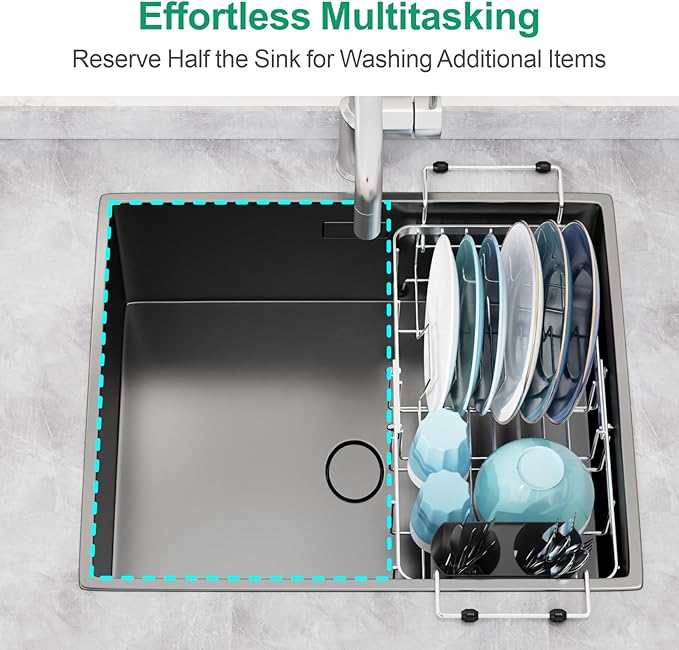 GSlife Small in Sink Dish Drying Rack - Stainless Steel Capacity Expandable Dish Drainer with Utensil Holder for Counter or Inside Sink, 11.9“-16.7” L x 9" W x 5.7" H, Silver