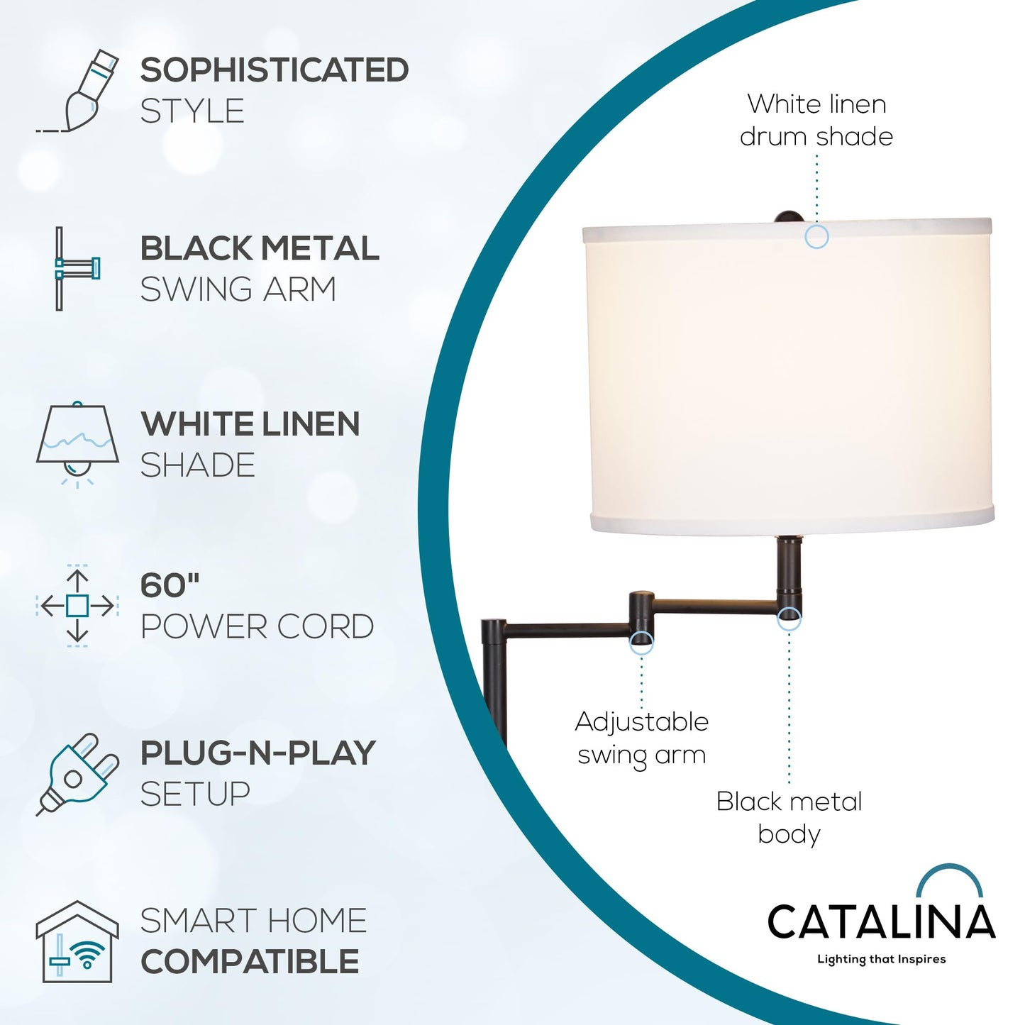 Catalina Lighting Traditional Swing Arm Floor Lamp, 60in, Black Metal, Model 24288-000, Smart Home Compatible