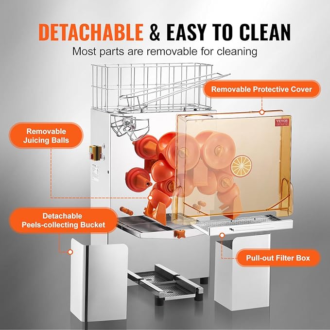 VEVOR Commercial Orange Juicer Machine, 120W Automatic Juice Extractor, Stainless Steel Orange Squeezer for 20 Oranges Per Minute, with Pull-Out Filter Box, PC Cover, 2 Peel Collecting Buckets