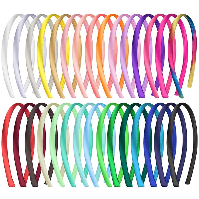 Duufin 30 Pieces Satin Headbands for Girls DIY Craft Headband 1cm Plain Girls Headband Colorful Satin Coverd Headbands, 30...