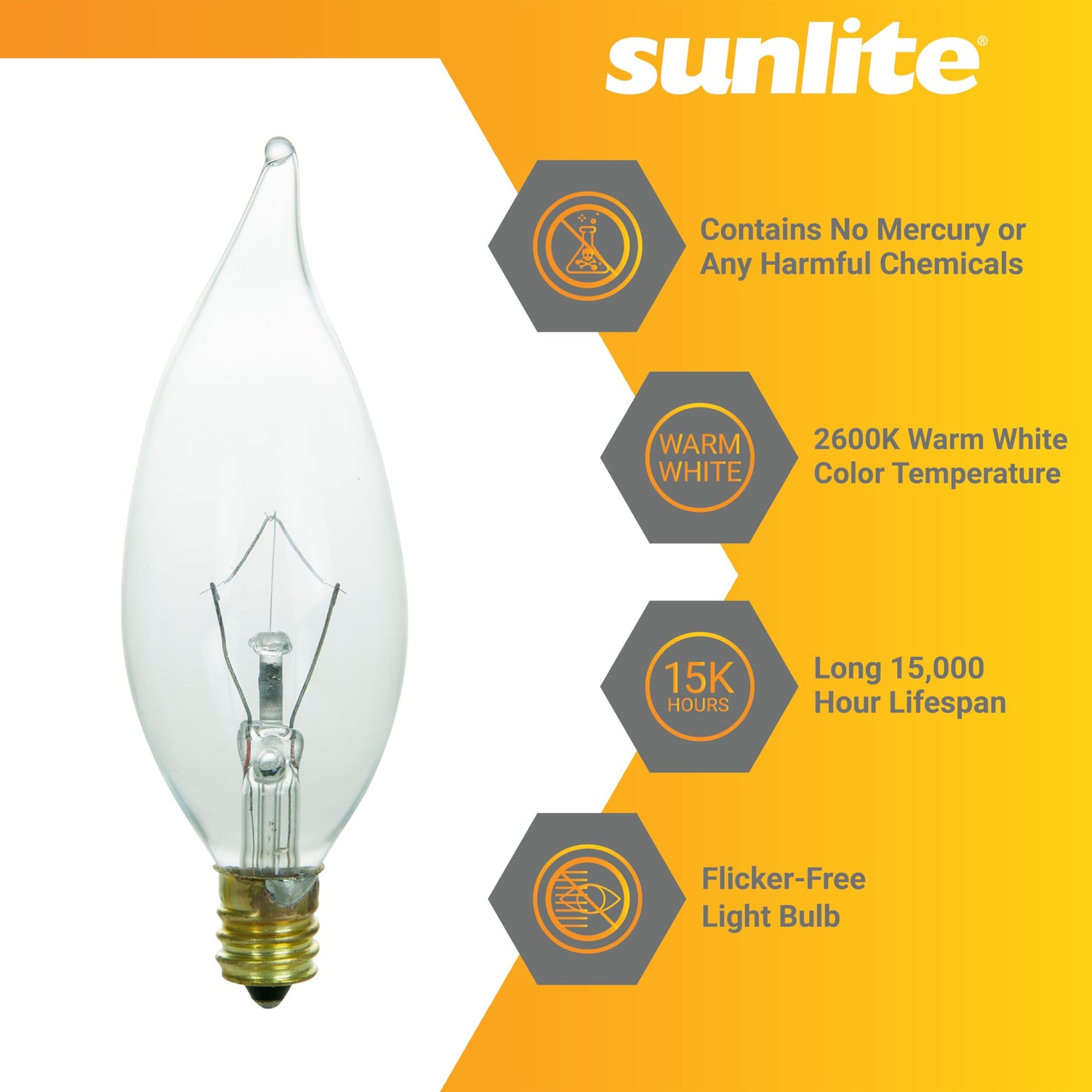 Sunlite Flame Tip Chandelier Light Bulbs, E12 Candelabra Base, 120V, Dimmable, 2600K Warm White, Glass, 1 Pack