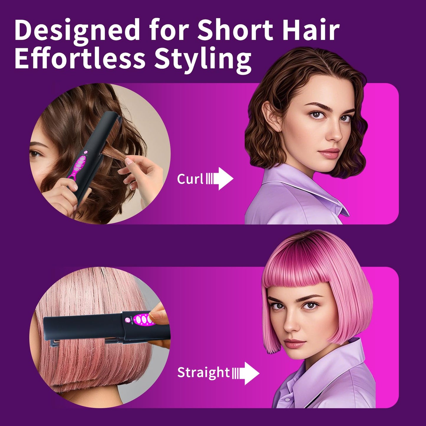 Travel Small Hair Straightener and Curler 2 in 1 for Short Hair, Cordless Titanium Flat Iron, Portable, USB-C Rechargeable, Fast
