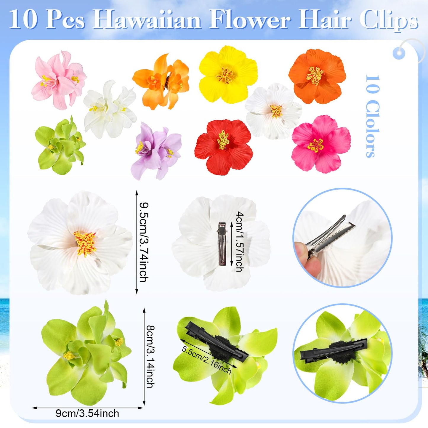 10 Pcs Hawaiian Flower Hair Clips for Women, Plumeria Hibiscus Hair Clips, 3.5 Inch Artificial Flower Clips for Vacation Party B