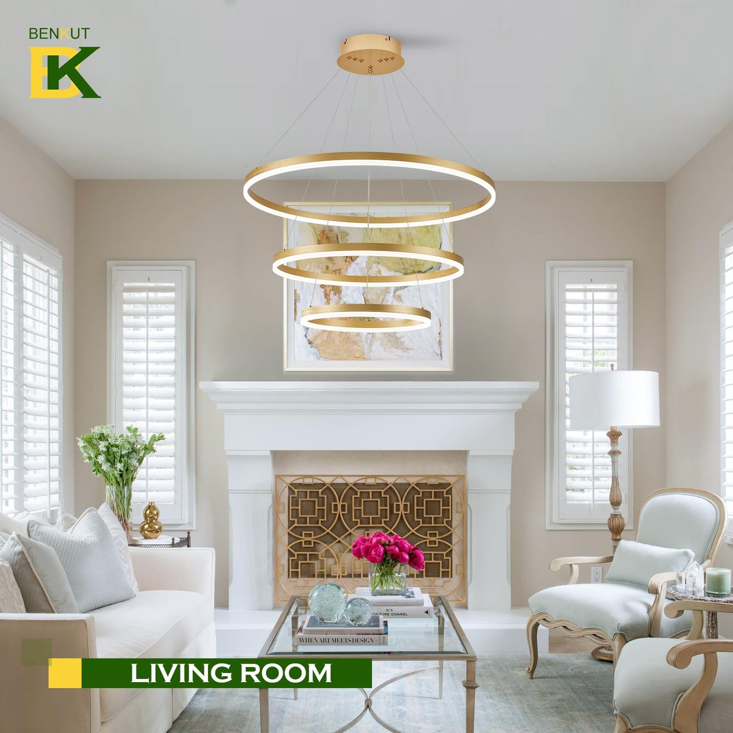 Benkut Modern LED Chandelier, 3 Ring Pendant Light, Dimmable, Gold, Remote Control, Model BK-P60-3GDC1