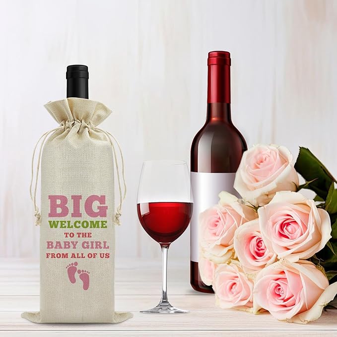 Welcome Baby Girl Wine Bag New Baby Birth Announcement Gift for Grandparents Baby Shower Baby Gender Reveal Party Decors Newborn Baby Girl Gift for Friends Wine Gift Bag Drawstring Wine Wrapping Bag