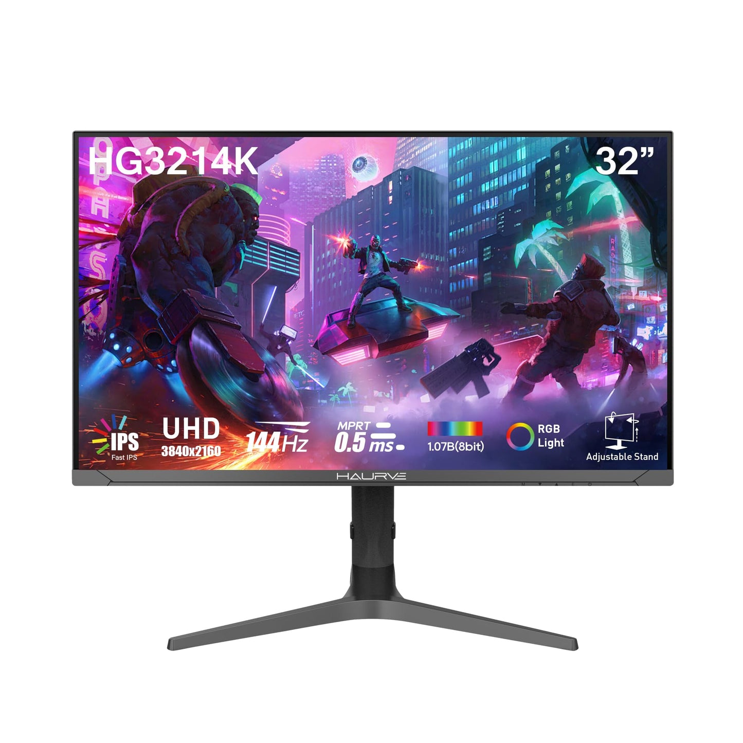 Haurve 32” UHD 4K 144Hz Gaming Monitor with Height Adjustable Stand, PD 90W, HDMI 2.1, DP 1.4, USB-C, RGB, Speakers, 0.5ms, 3840X2160 Display, (HG3214K)
