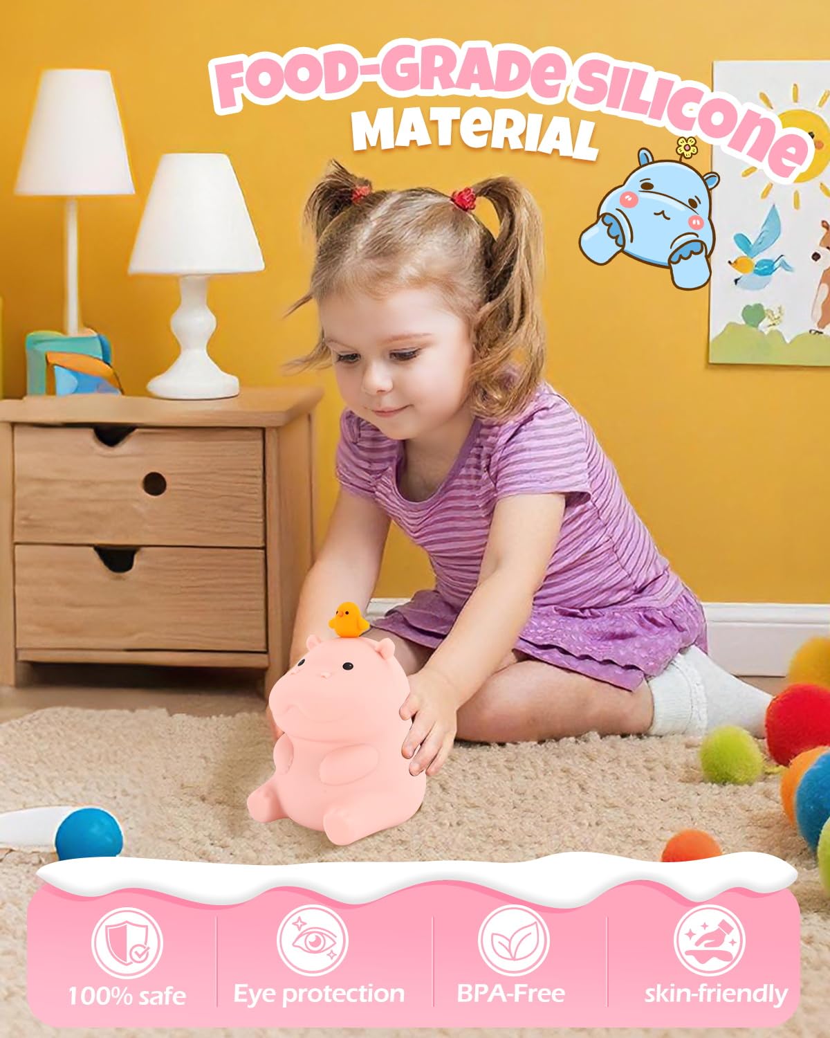 Cute Hippo Night Light  Animal Lamp  Food Grade Silicone  Rechargeable  2 Level Dimmable  Squishy Nursery Nightlight For Desk Decor  Funny Gifts Stuff For Boys Girls Baby  White Elephant Gifts