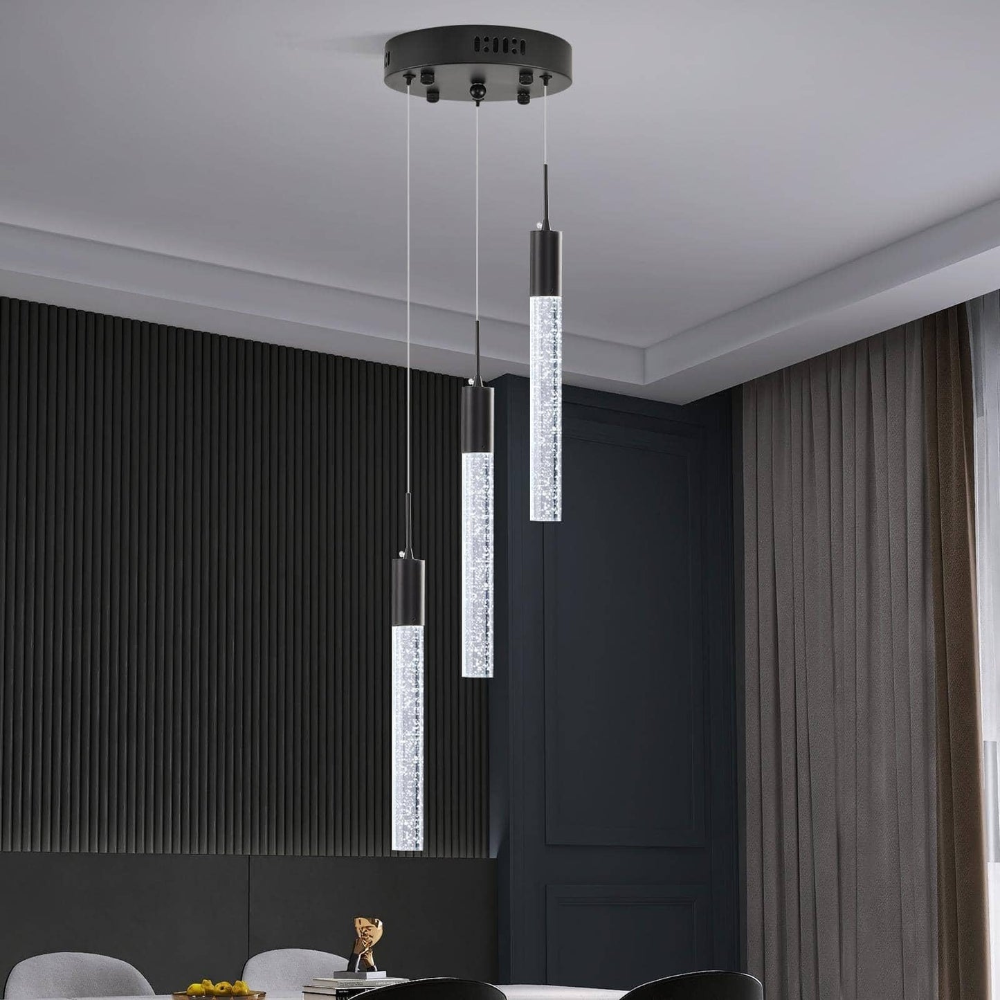 Upfelw Modern Crystal Chandelier 3-Lights  Spiral Led Raindrop Kitchen Island Pendant Lighting  Bubble Foyer Dinimg Room Hanging Light Fixture Remote Control Black