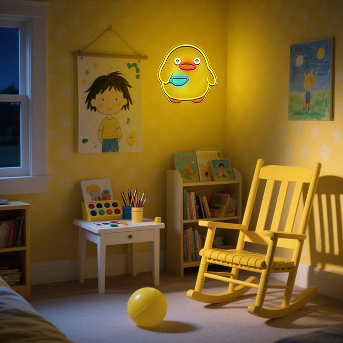 Duck Neon Sign, Dimmable Yellow Duck LED Night Light for Kids Room, Bedroom, Game Room, Living Room, Nursery, Play room & Pet Store Decor, USB Powered Animal Night Light, Party & Birthday Gift