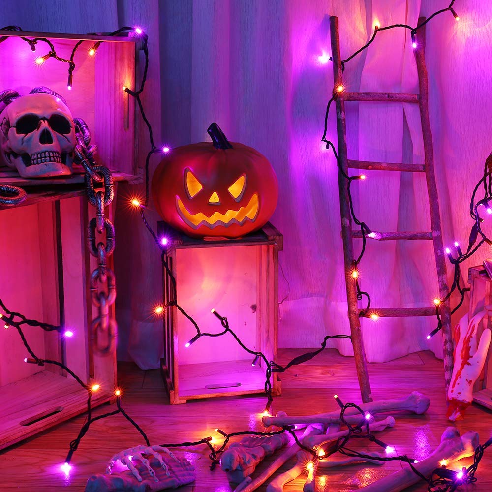 Brizled Halloween Lights, 33ft 100 LED, Purple & Orange, 5mm Wide Angle, UL Certified, Connectable, Black Wire, Model I3-100-4