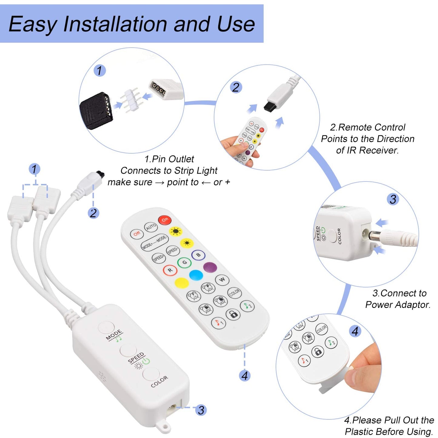 Sunity Led Controller - Bluetooth, Music Sync, Ir Remote For 10Mm Led Strip Lights, White, Model Ledcontroller1