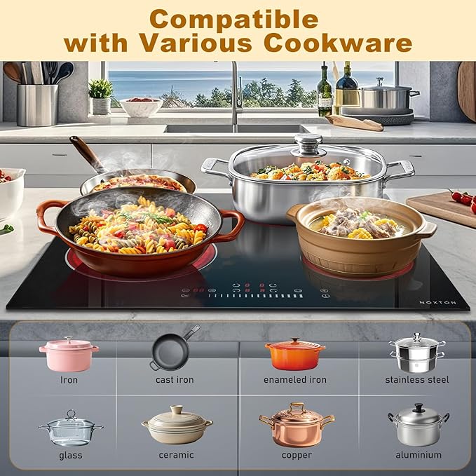 Noxton 24 Inch Electric Cooktop, 4 Burner Built-in Radiant Electric Stove Top, Slider Control, 9 Power Levels, Child Safety Lock, Timer, Oval Burner for Baking Pan, 6800W,220-240V, Hard Wired