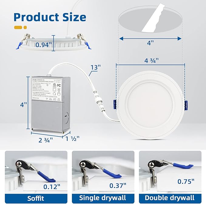 12 Pack 4 inch Recessed Lighting, Ultra-Thin LED Canless Recessed Lighting, Retrofit Dimmable Recessed Lights, 2700K/3000K/3500K/4000K/5000K Selectable,1200LM 12W - ETL & Energy Star Certified