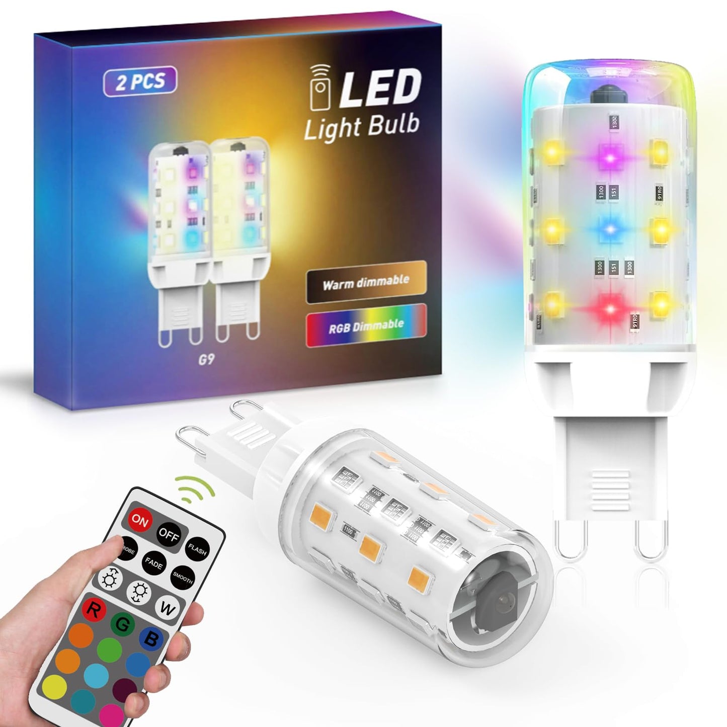 Cxyemt G9 LED Bulb Dimmable 2W Equivalent 20W 25W, 12 Color RGB + Warm White 3000K, 2 Pack, Polycarbonate
