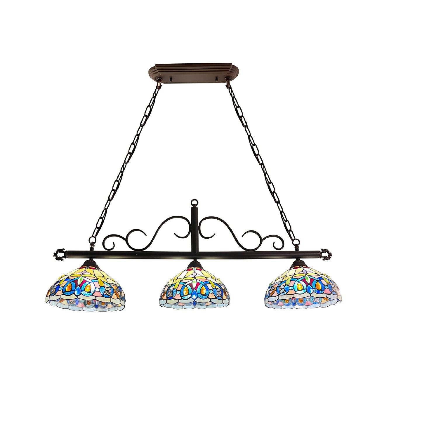 Chloe Lighting Island Pendant, Victorian Tiffany-Style, Dark Bronze, 3 Light, 45in Wide, Multicolor, Model CH3T353BV45-IL3