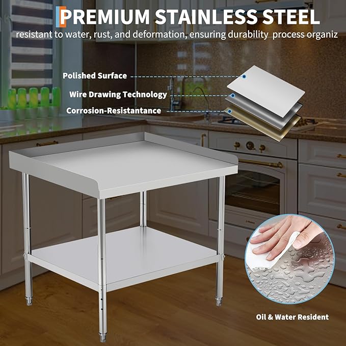 36x24x30 in Stainless Steel Equipment Grill Stand Table 400 LBS Capacity NSF Certified with Adjustable Legs, 2 in Edge Baffle, for Hotel, Home, Commercial Restaurant Kitchen