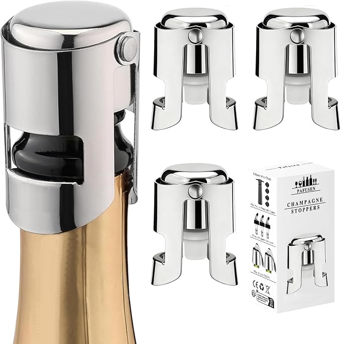 Champagne Stoppers for Bottles, Pafusen Champagne Sealer Stopper, Stainless Steel Champagne Cork Stopper Toppers, Saver for Champagne Cava Prosecco Sparkling Wine (Champagne -3-Pack-Silver)