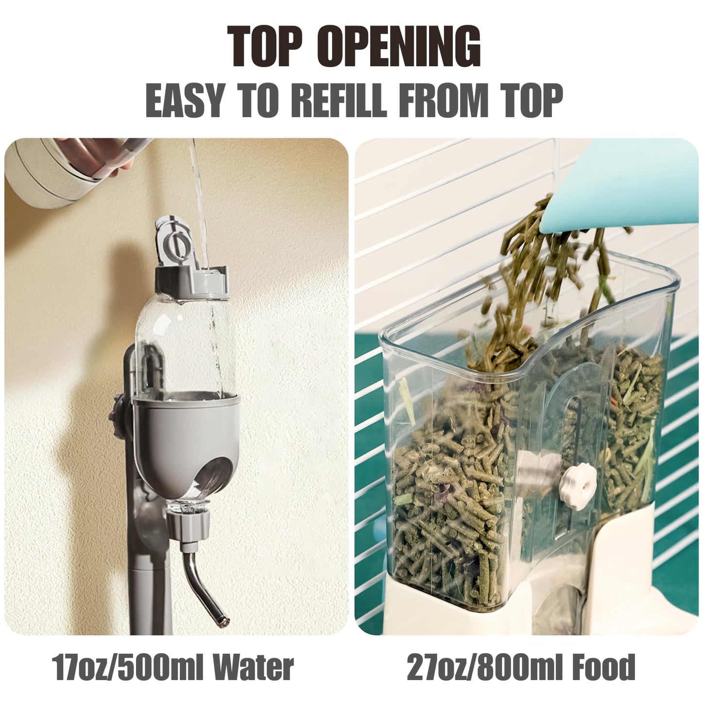 Automatic Pet Food Water Dispenser, Auto Gravity Pet Feeder Water Bottle Set for Crate Cage, Feeding Station for Small Dog Cat Rabbit Guinea Pigs Chinchilla Ferret Hedgehog (Gray)
