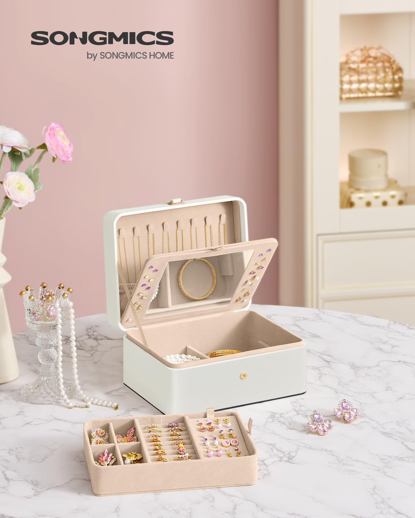 SONGMICS Jewelry Box with Mirror, 2-Layer Jewelry Holder Organizer, Travel Jewelry Case, Removable Jewelry Tray, 6.9 x 8.7 x 4.3