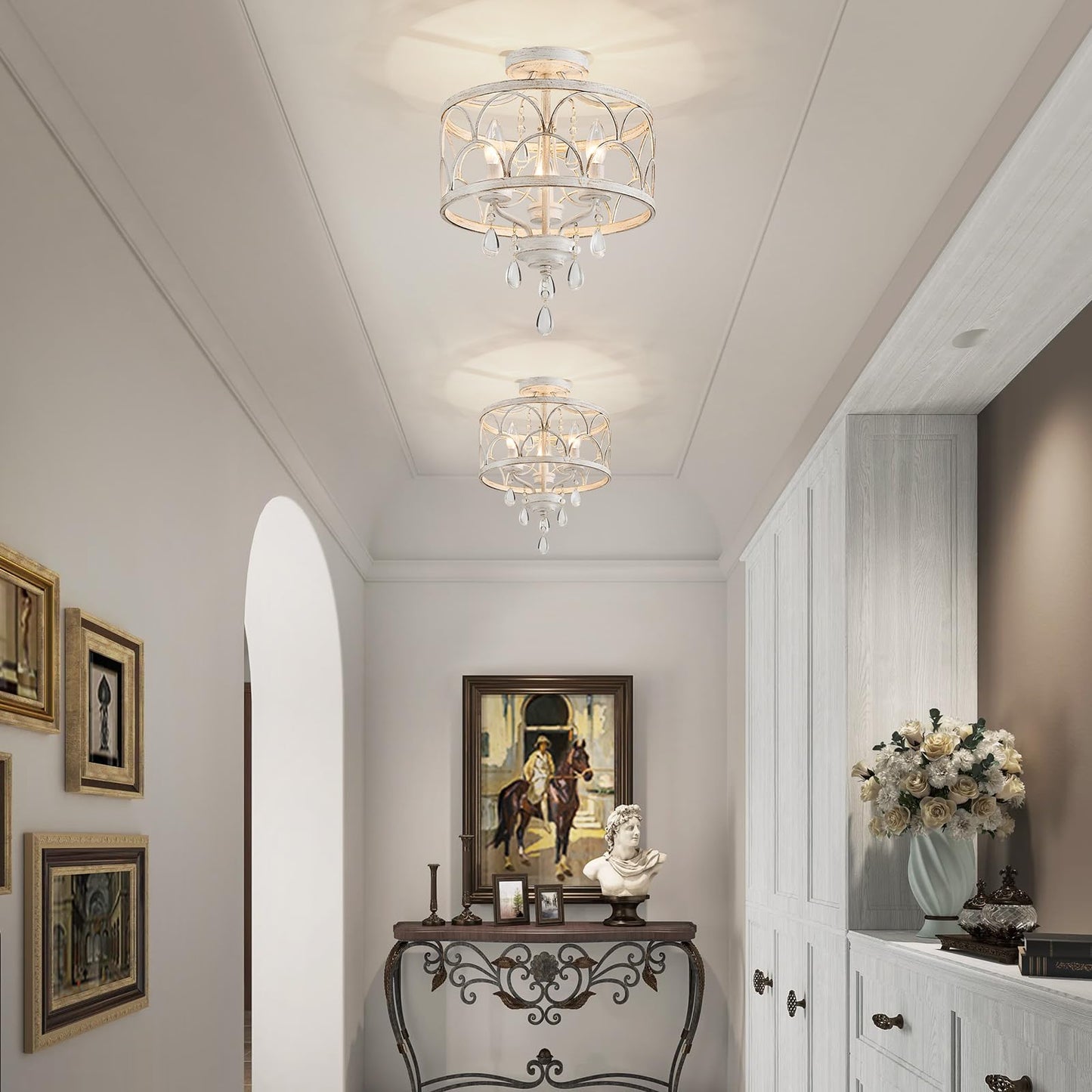 Crystal Ceiling Light Fixture  Modern Small Chandelier Light Fixture  Farmhouse White Semi Flush Mount Ceiling Light  Round Hallway Lighting Fixtures For Bedroom Entryway Dining Room Living Room