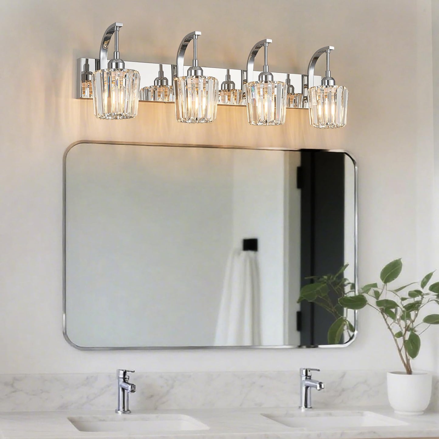 Fdpby Modern Bathroom Vanity Light  4-Light Chrome Wall Sconce With Crystal Accents  Over Mirror Bathroom Lighting Fixture  32.67 Long Dimmable Vanity Lamp For Makeup  Easy Installation